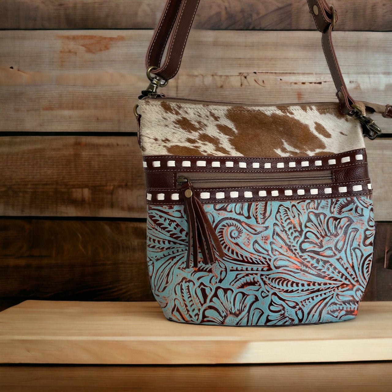 Myra Bag Delphine Tooled Leather Hairon Cowhide Leather Shoulder Purse Western Crossbody Bag